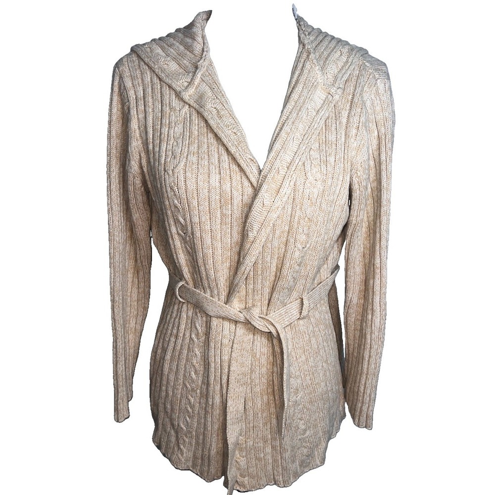 Christie Brooks Cable Knit Belted Hooded Cardigan Sweater Women's Size Large
